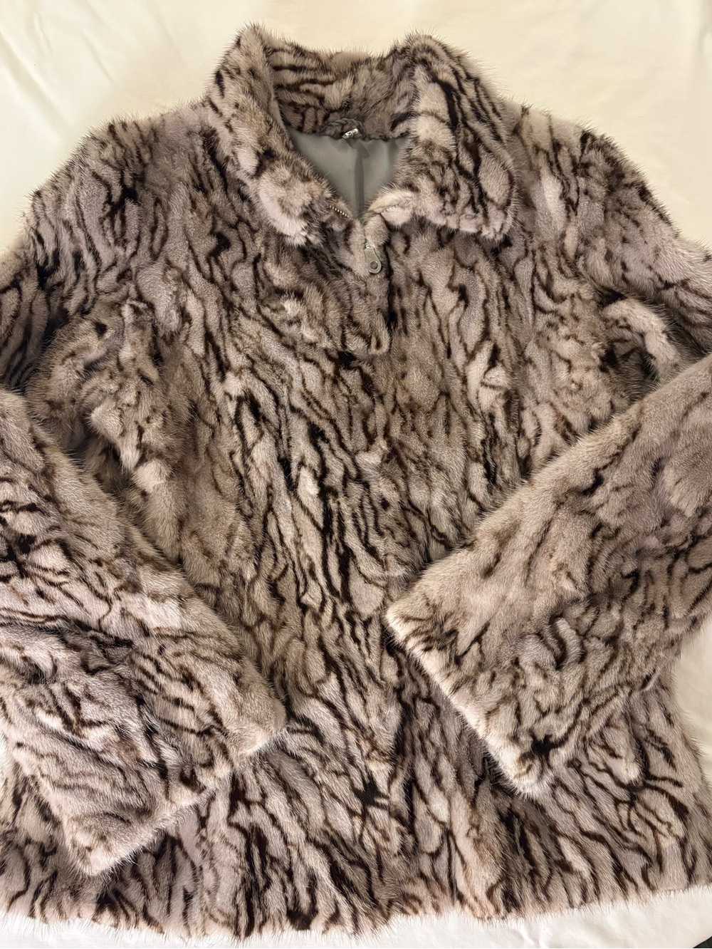 Vintage Greek Real Mink Fur Bomber Jacket Patterned Gray Brown Zip Coat Size S